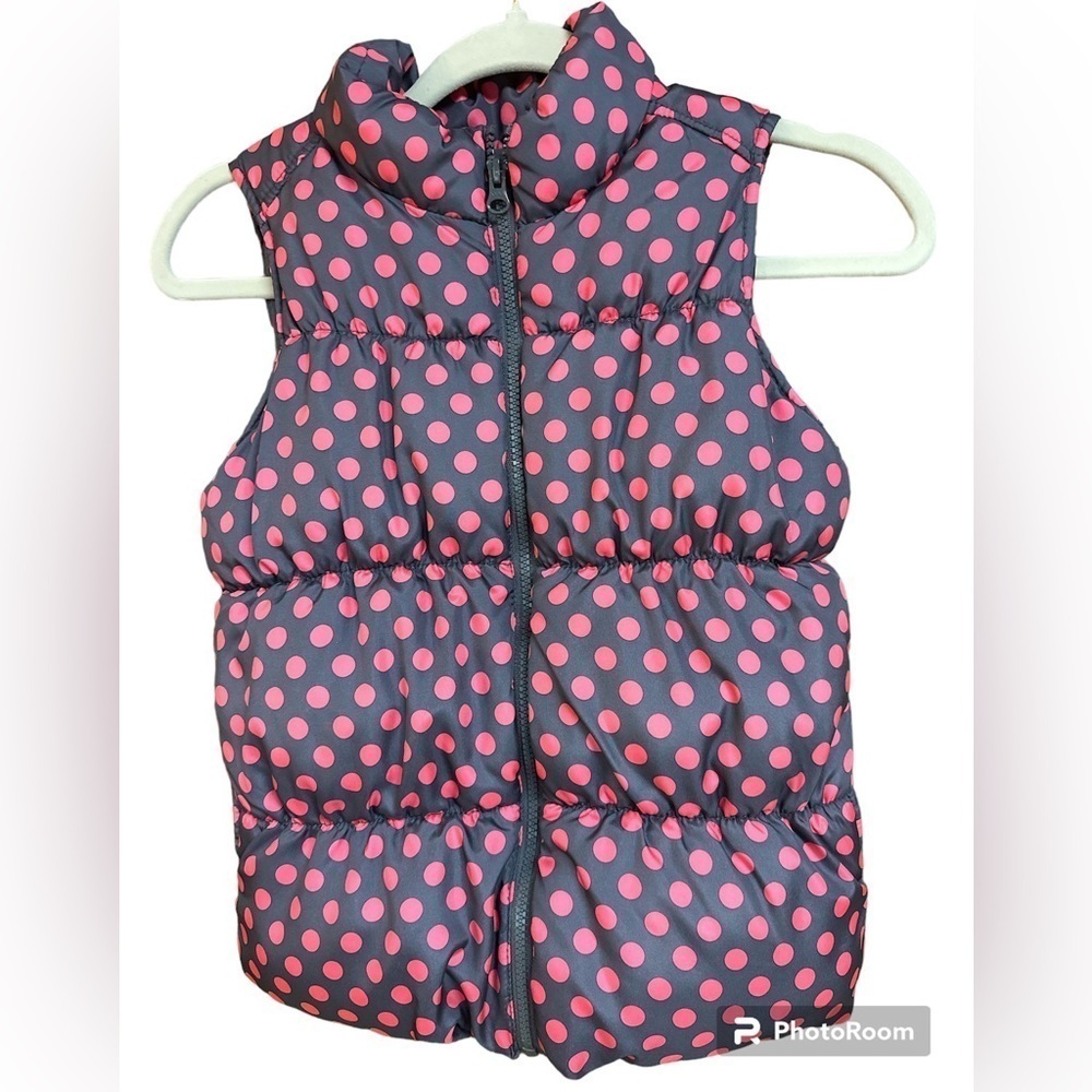Old Navy Frost Free Girls Grey/Pink Polka Dot Puffer Vest L 10-12